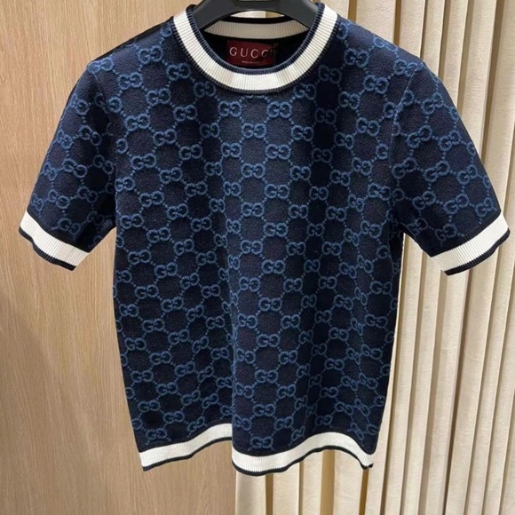 New Gucci 2025 GG Logo Monogram Fine Cotton Jacquard Top in Navy S - Picture 1 of 9